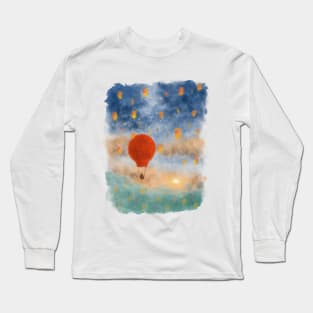 Hot air balloon on clouds towards the sun Long Sleeve T-Shirt